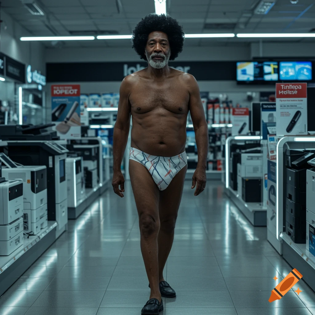 Photorealistic image of an old Black man in briefs walking through an electronics store.