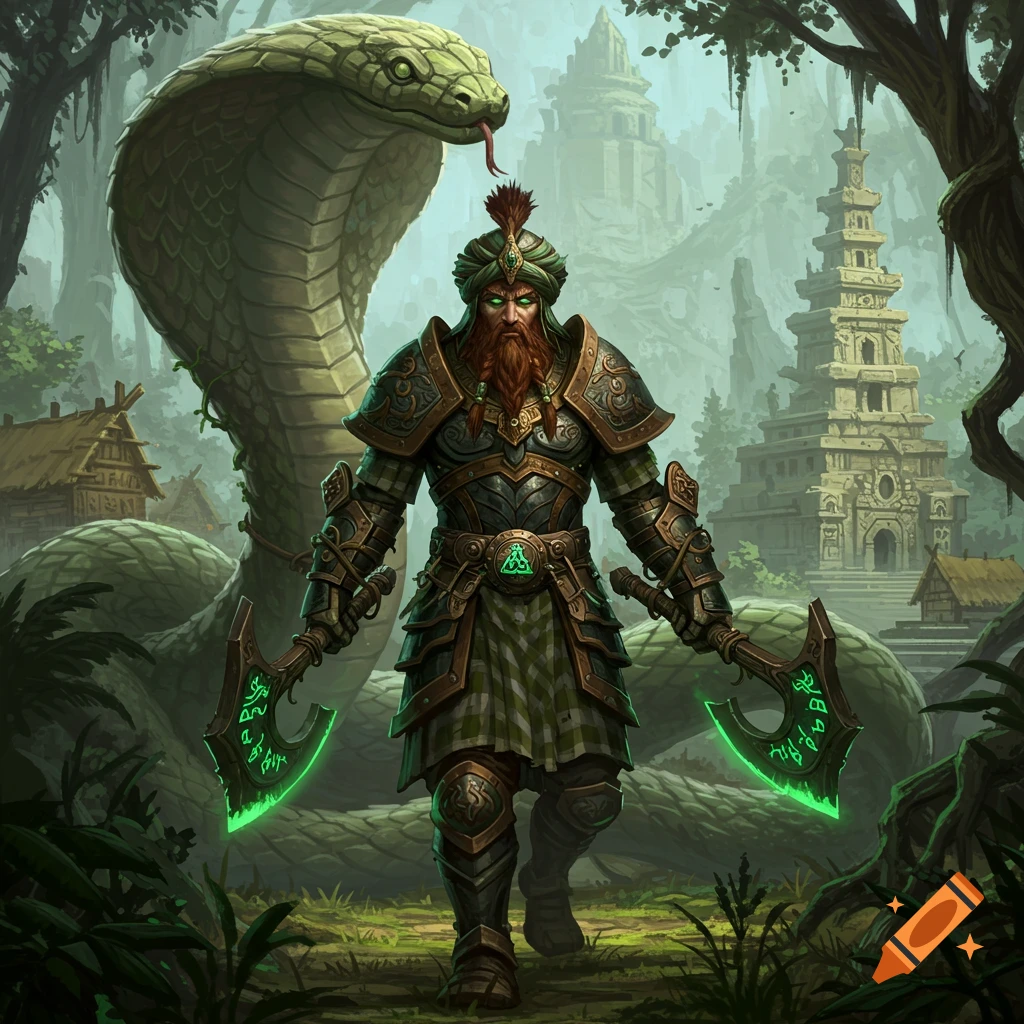 An armored warrior with a red beard and turban holds two glowing green axes, standing in a jungle with a giant cobra and ancient ruins.