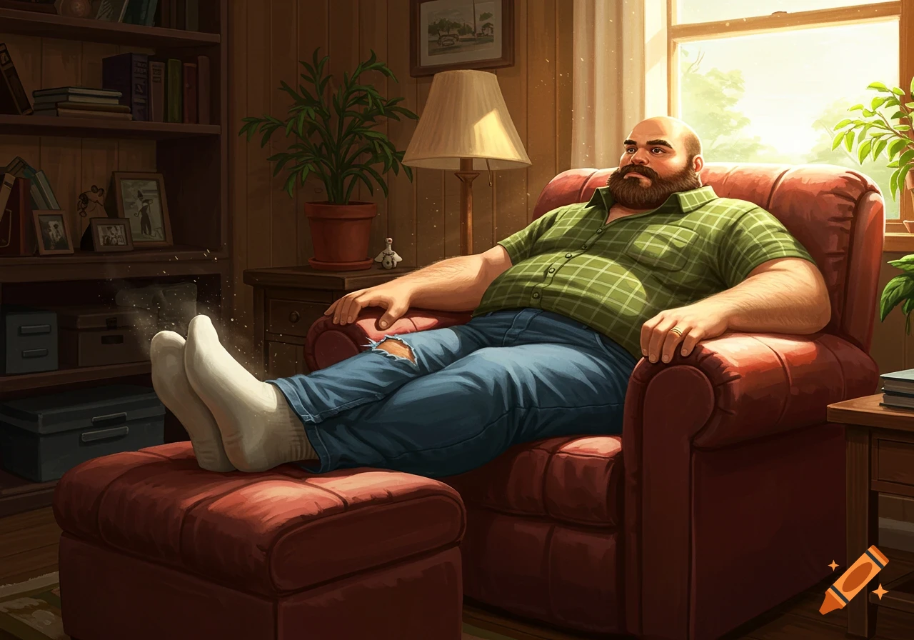 A husky bald man with a beard relaxes in a red recliner in a cozy living room, feet up on an ottoman.