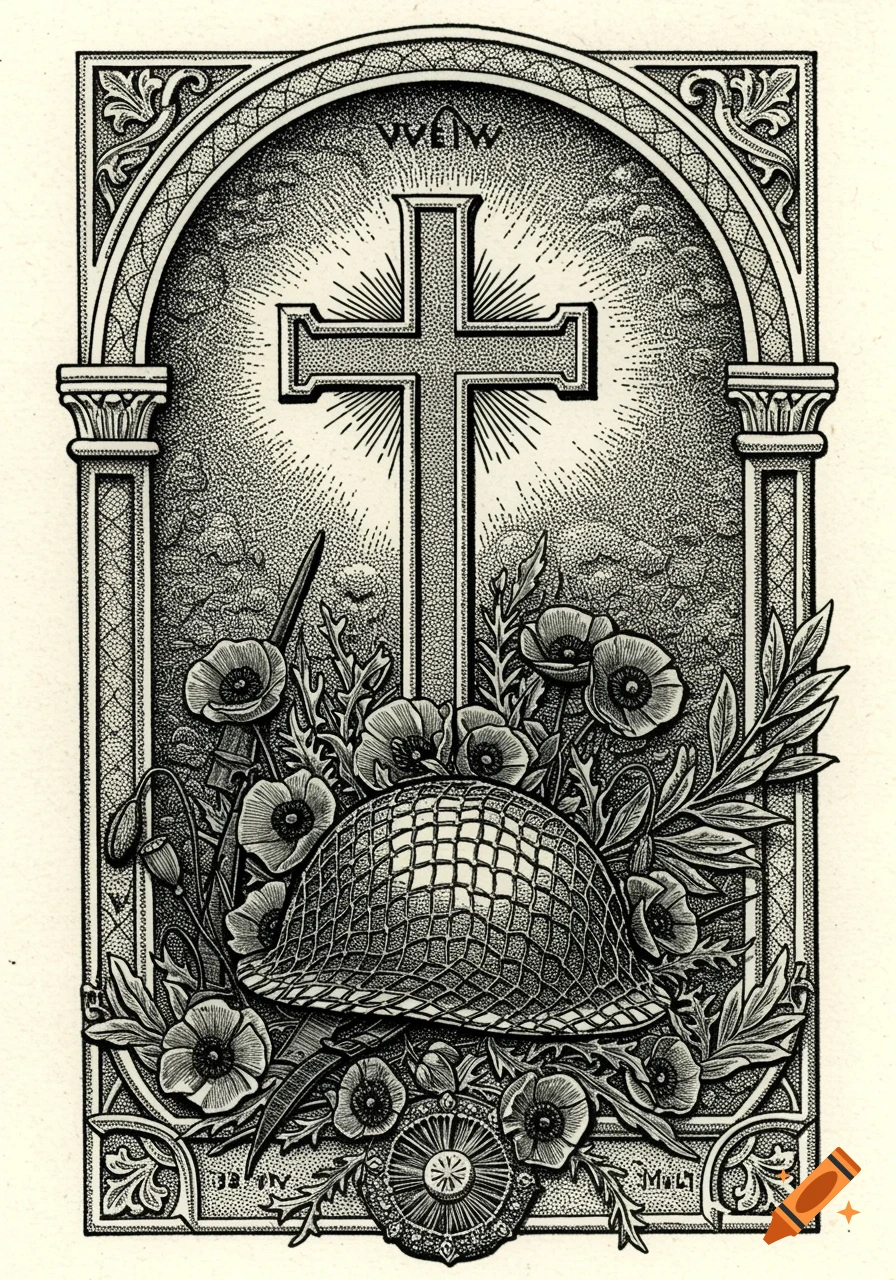 A vintage black-and-white engraving-style illustration of a large Christian cross behind a WW2-era soldier s helmet, surrounded by poppies and leaves, within an arched memorial plaque.