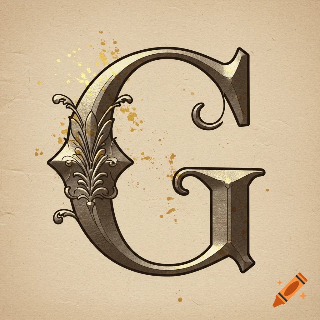 A highly decorative and ornate metallic letter G with gold splatters on a textured beige background.