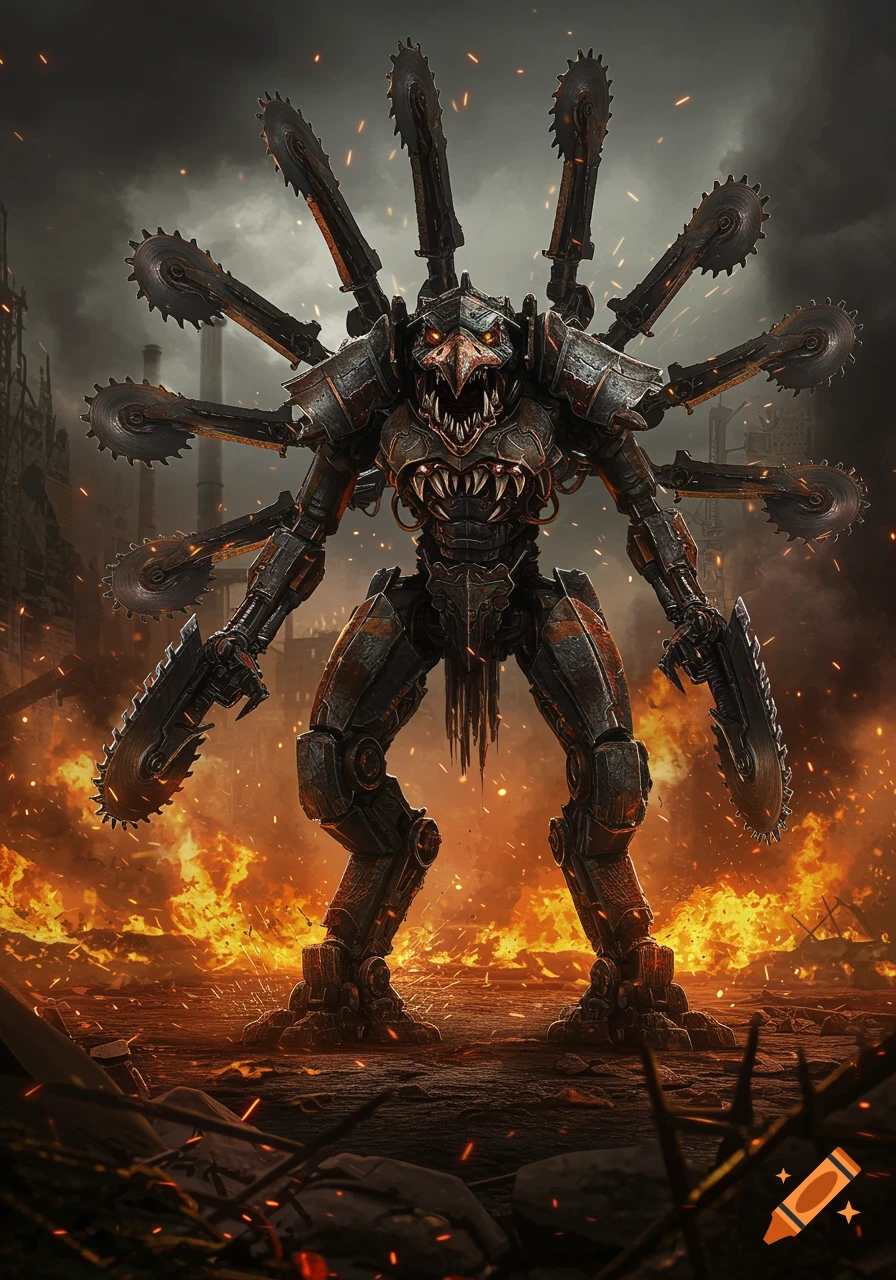 A menacing, heavily armored battle robot with a bird-like beak, sharp teeth, and multiple saw blades on its back and arms, stands in a fiery, apocalyptic landscape.
