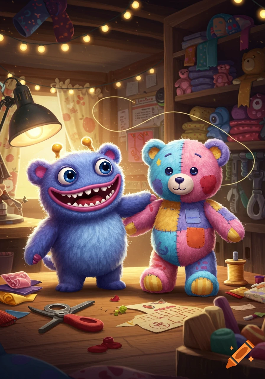A friendly blue monster and a colorful patchwork teddy bear stand in a cozy crafting room.