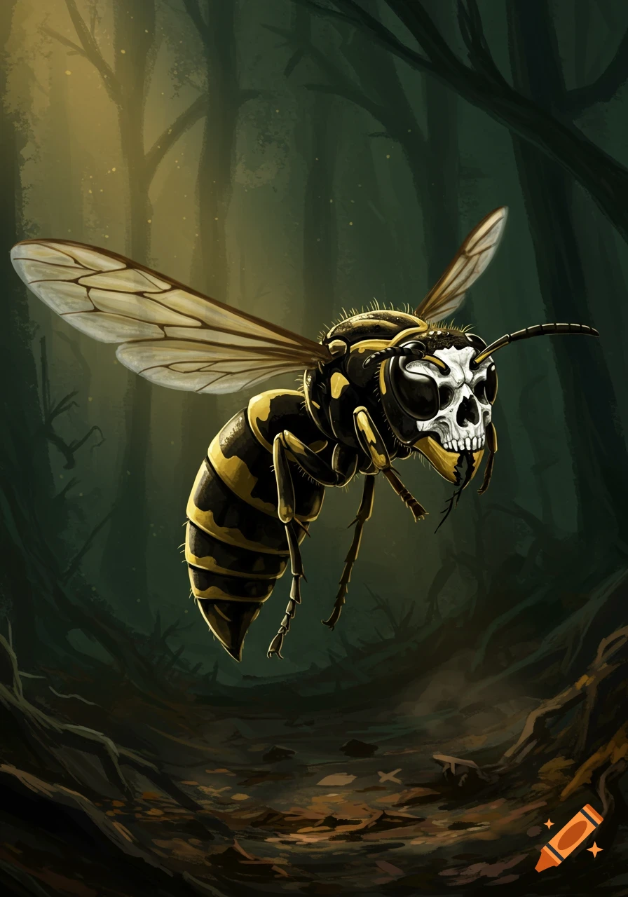 A stylized wasp with a human skull as its head flies through a dark, mystical forest.