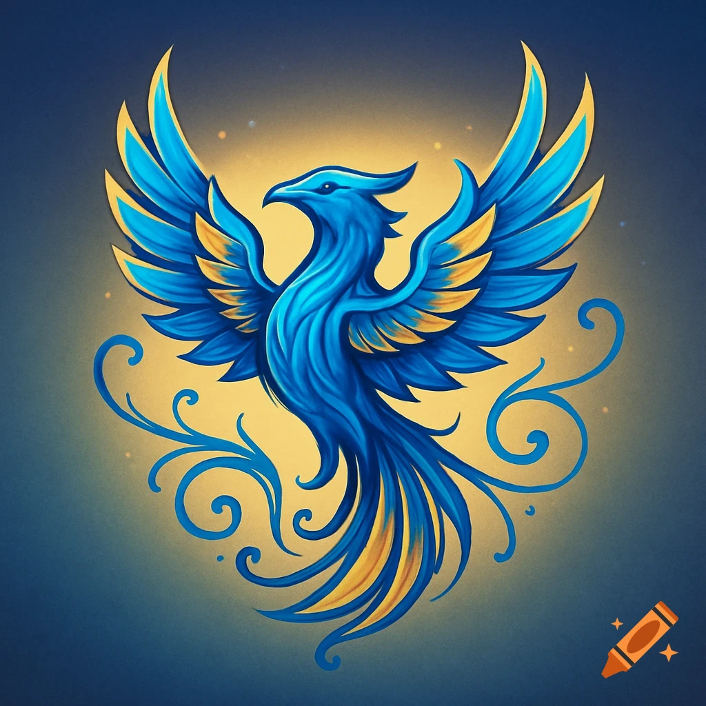Stylized blue and gold phoenix-like bird logo with wings spread, against a glowing gold and blue background.