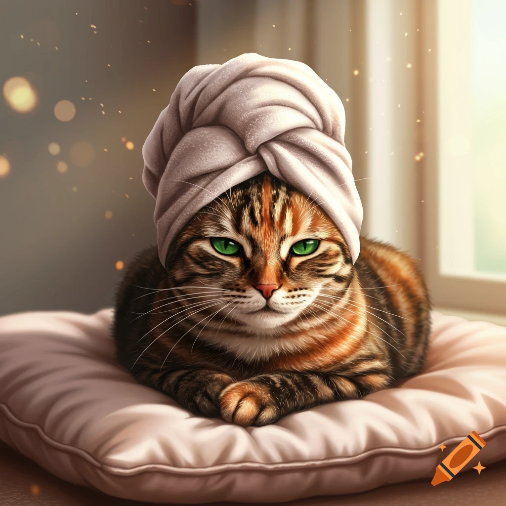 A photorealistic tabby cat with bright green eyes wears a white towel wrapped around its head, lounging on a light pink pillow.