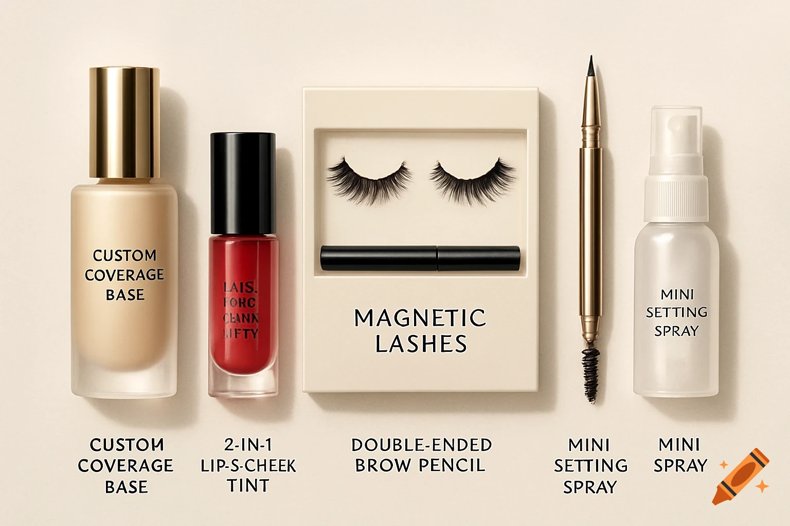 A flat lay arrangement of various cosmetic products, including foundation, lip tint, magnetic lashes, an eyebrow pencil, and setting spray, each with clear labels.
