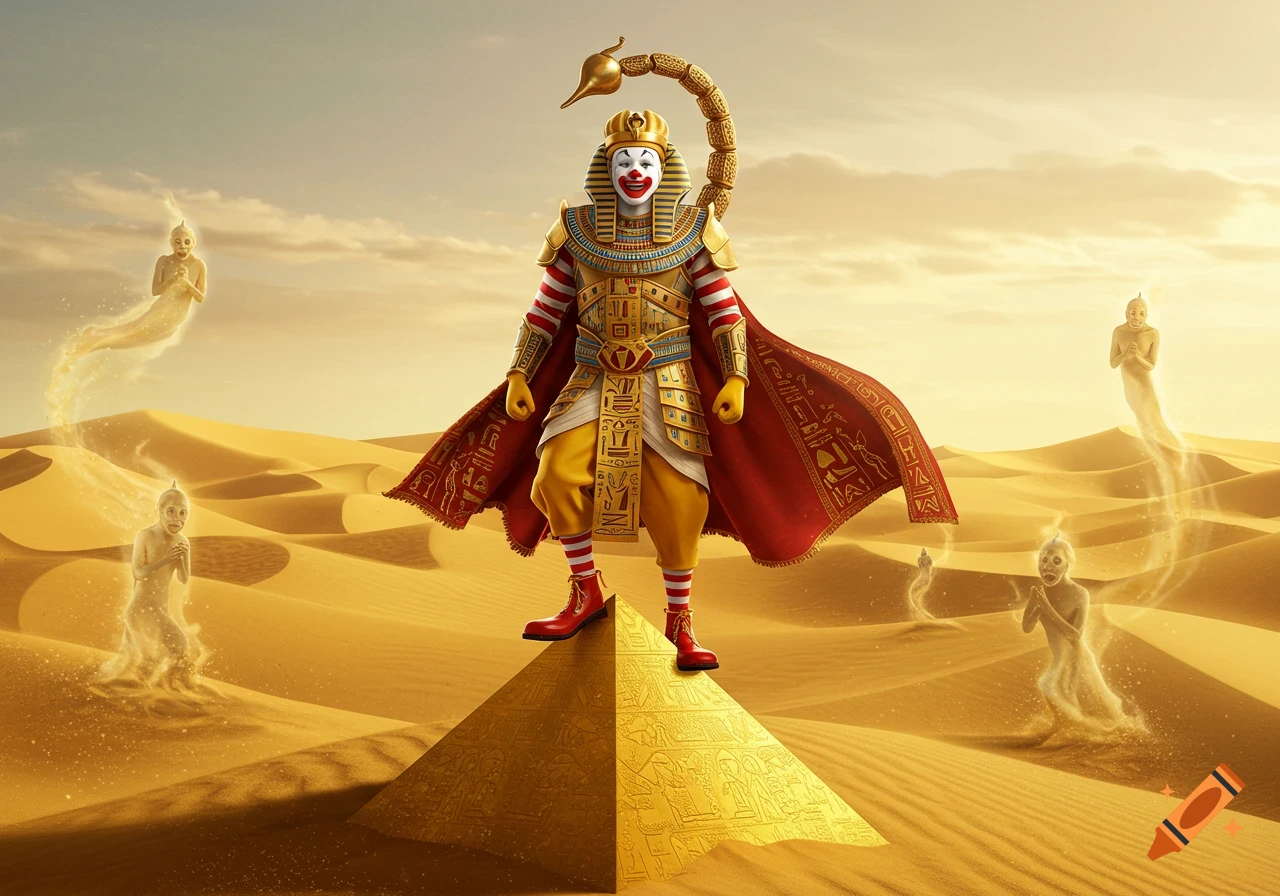 Ronald McDonald dressed as a golden Egyptian pharaoh and scorpion king stands atop a pyramid in a sandy desert, surrounded by ethereal genies.