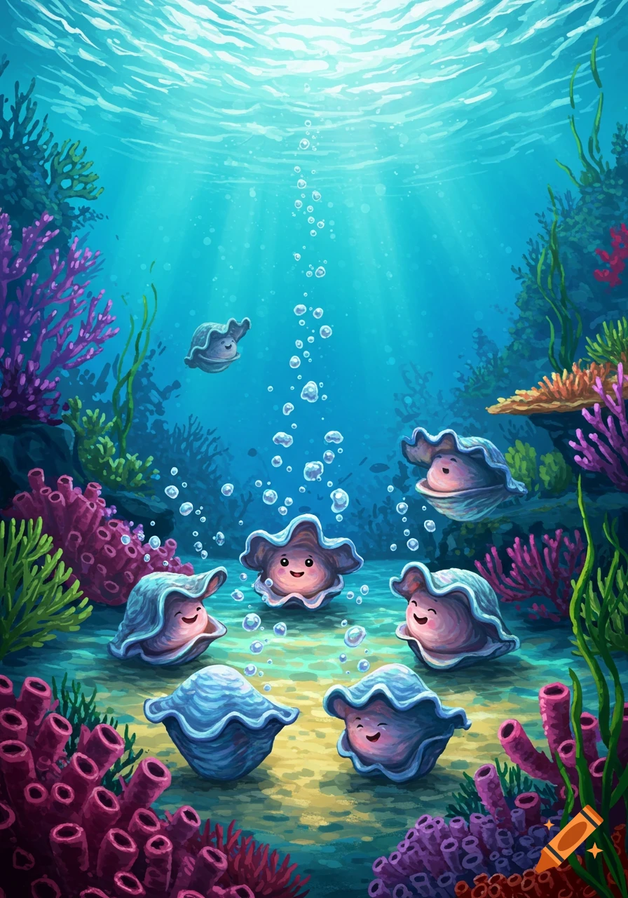 Six cute, cartoonish clams frolicking in a vibrant blue underwater scene with colorful coral and bubbles, in a stylized illustration.