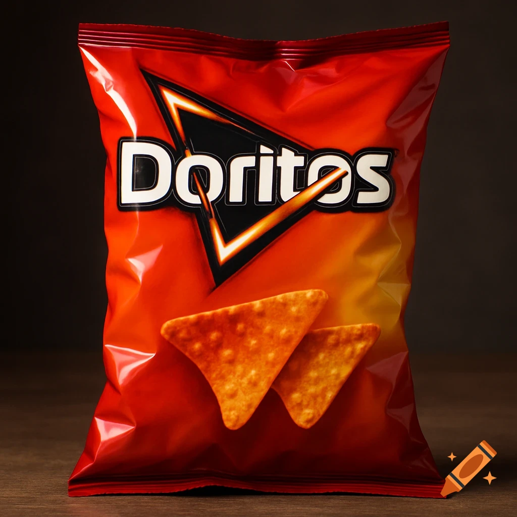 A photorealistic image of a red Doritos bag with the brand logo and two tortilla chips on the front.