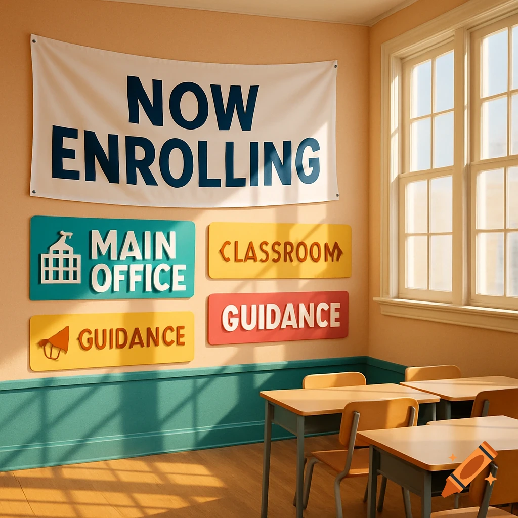 A school room with a "Now Enrolling" banner and signs for "Main Office," "Classroom," and "Guidance" on the wall, with student desks.