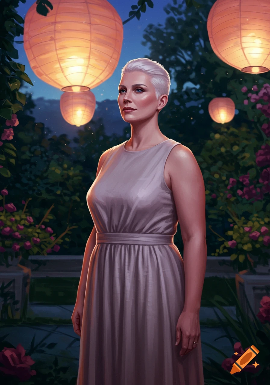 A woman with short white hair in a light-colored dress stands in a garden at night, illuminated by glowing paper lanterns, in a painterly style.