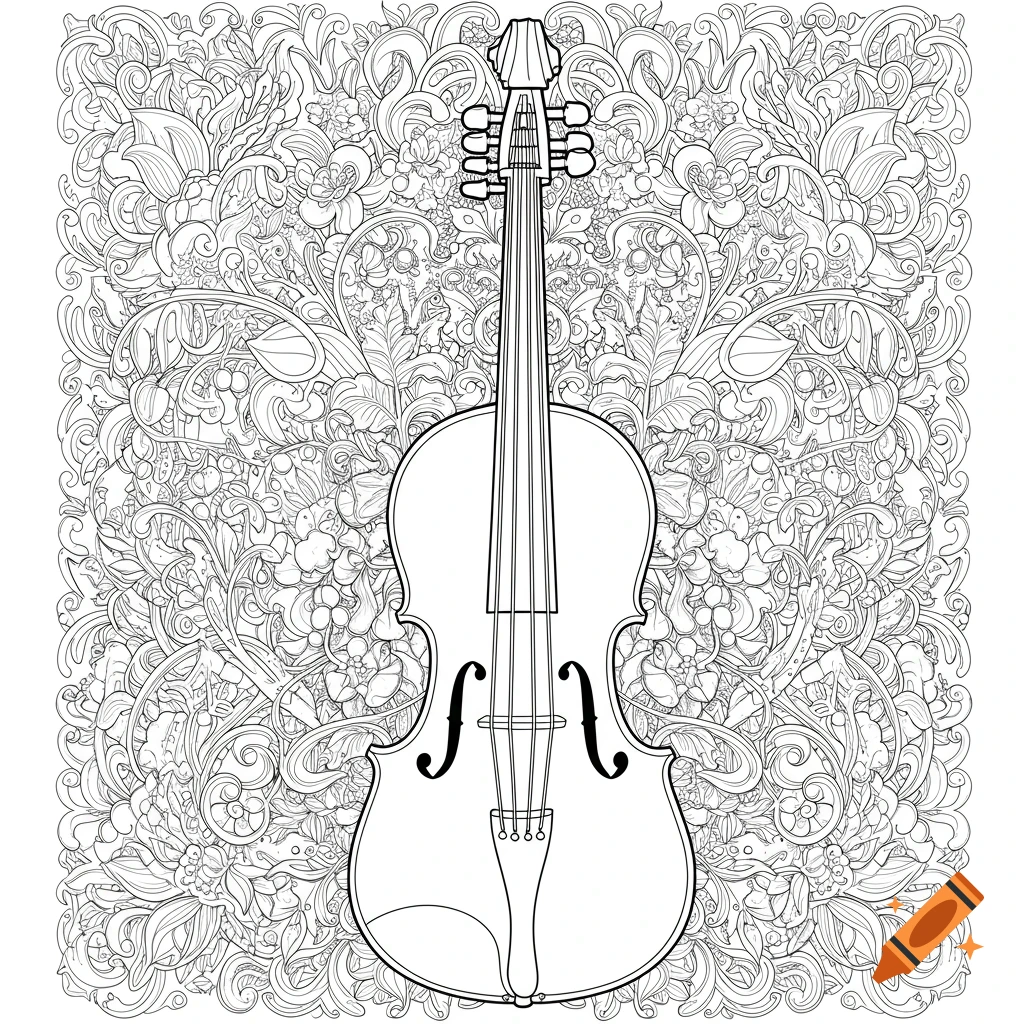 Black and white line drawing of a violin/viola against a detailed floral background, suitable for coloring.