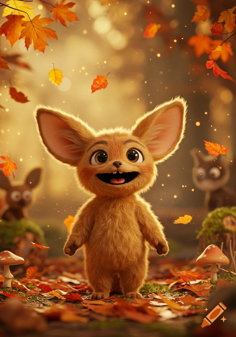 A cute, furry, big-eared fennec fox-like creature smiles happily amidst falling autumn leaves and mushrooms in a whimsical forest.