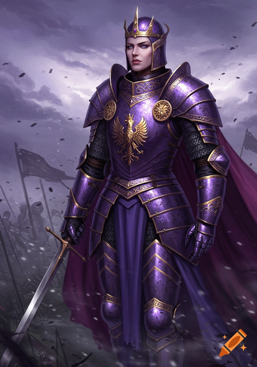 A stoic empress in detailed purple and gold knight armor with a golden eagle emblem on her chest, holding a sword on a battlefield.