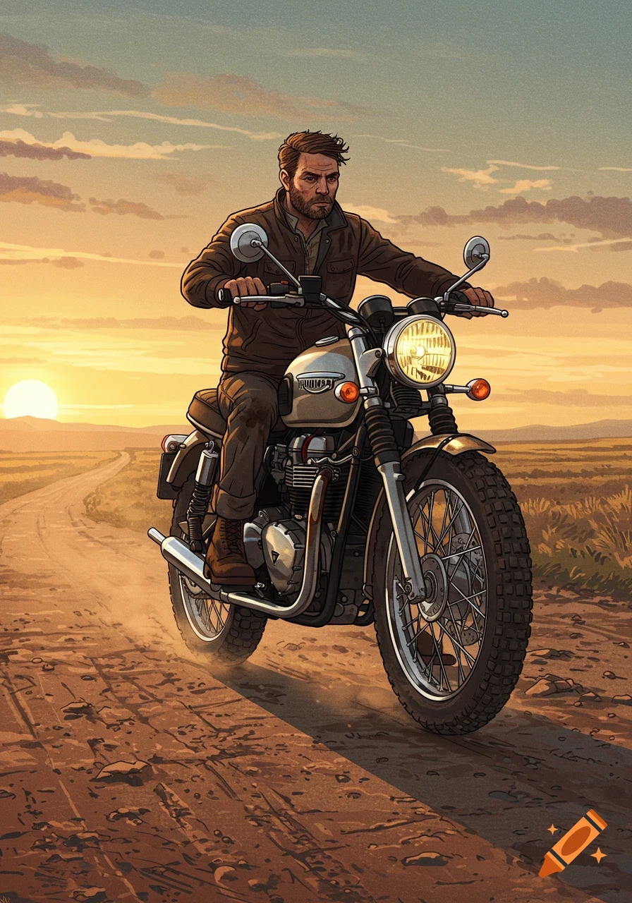 A bearded man rides a classic motorcycle on a dirt road at sunset, in an illustrative style.