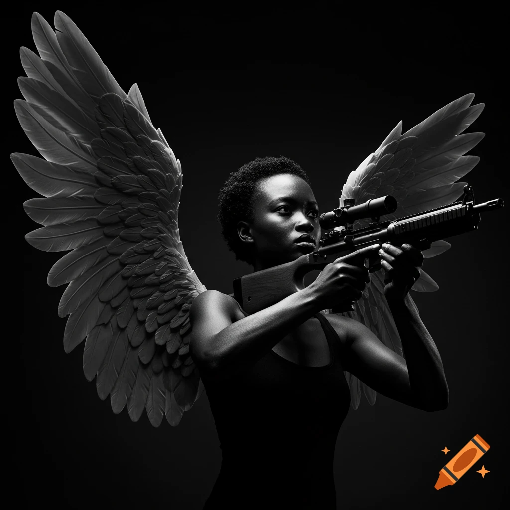 Ultra-realistic, high-contrast black and white portrait of an angel-winged woman aiming a rifle.