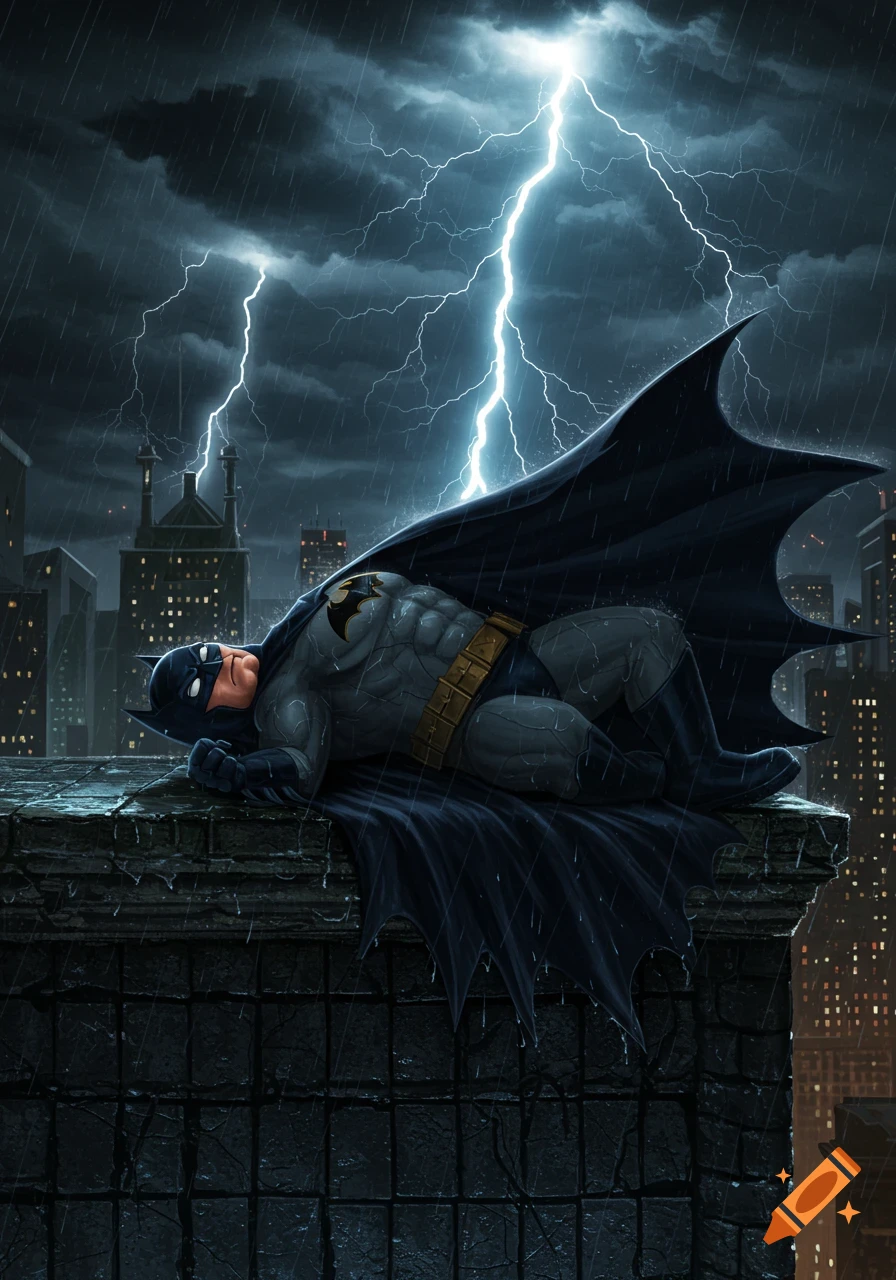 Illustrated Batman character lies on a dark, rainy Gotham rooftop during a severe lightning storm.