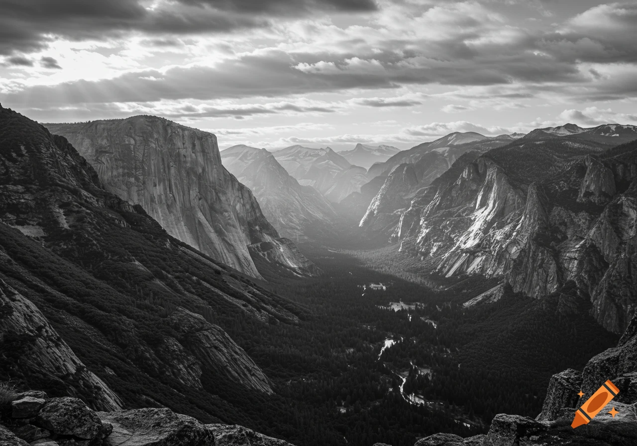 Dramatic black and white landscape of a vast mountain valley with steep cliffs, dense forest, and a winding river.