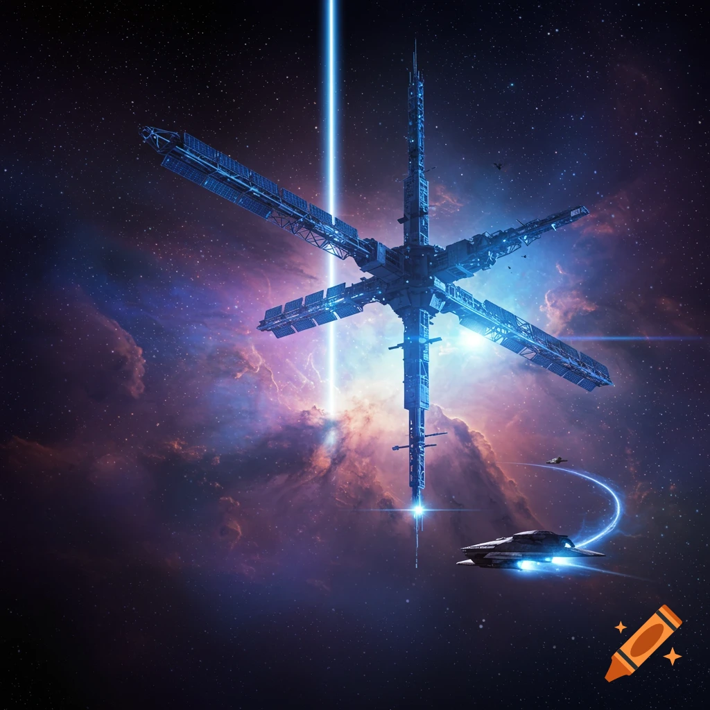 A futuristic space station with a vertical blue light beam in a colorful nebula, with a small spaceship flying past.