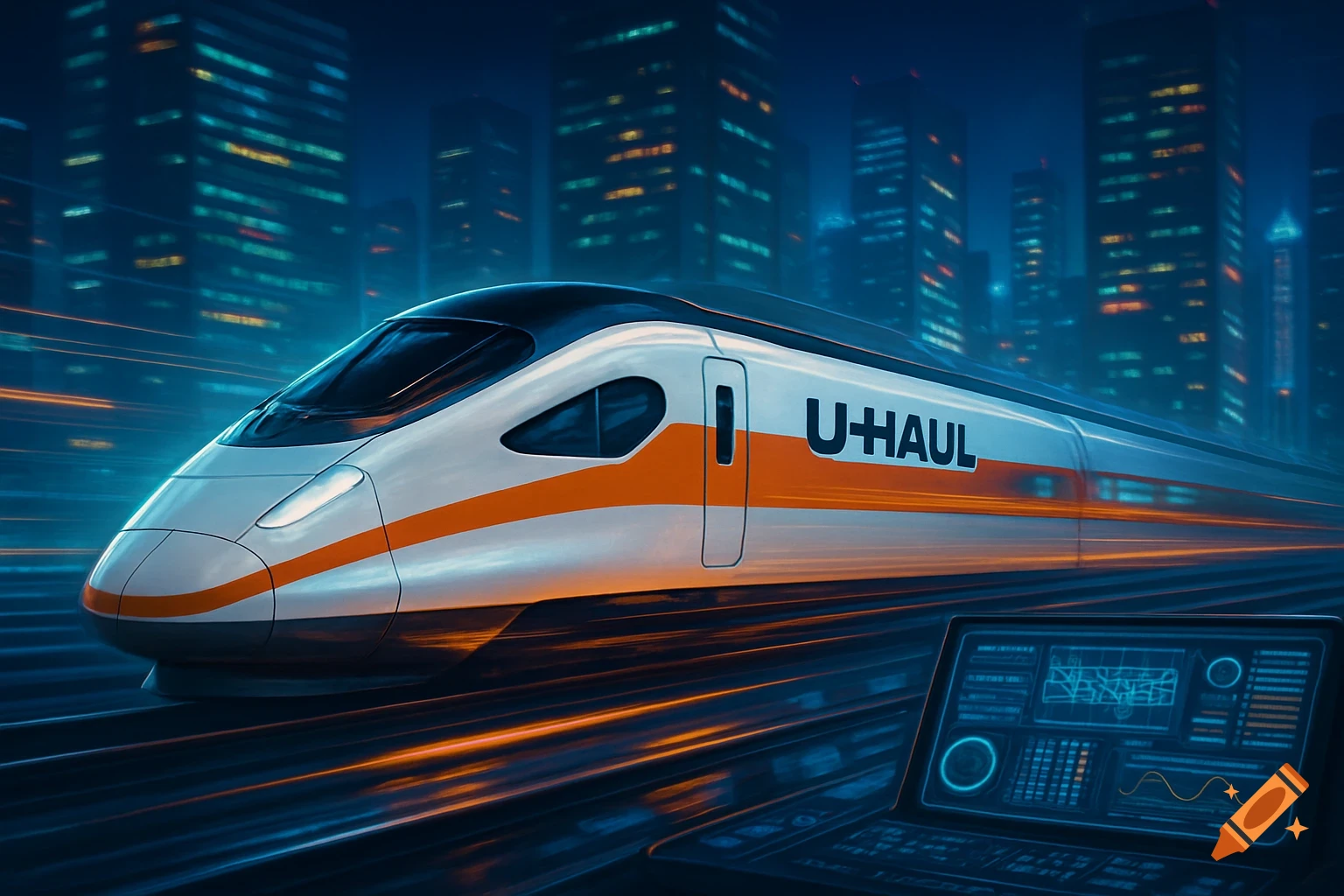 A futuristic U-Haul branded high-speed train races through a neon-lit city at night, with a control panel in the foreground.