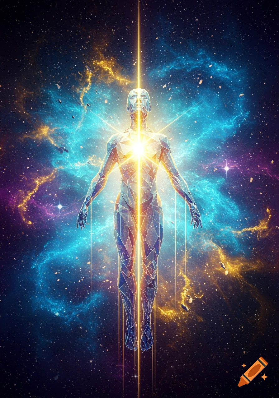 Geometric figure glowing in a vibrant cosmic nebula with stars and light beams.