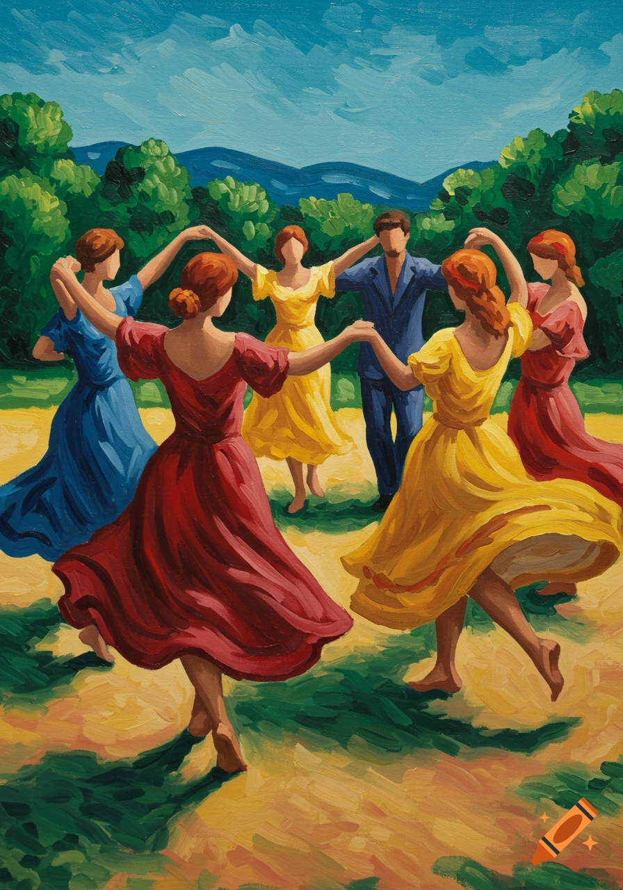 A colorful painting of six people in a circle, holding hands and dancing outdoors amidst trees and mountains.