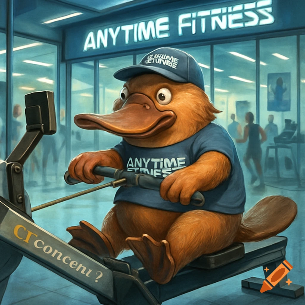 A cartoon platypus wearing a blue t-shirt and hat, rowing on an exercise machine inside an Anytime Fitness gym.