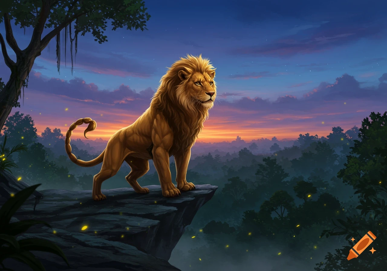 A majestic lion with a scorpion tail stands on a cliff overlooking a lush forest at sunset.