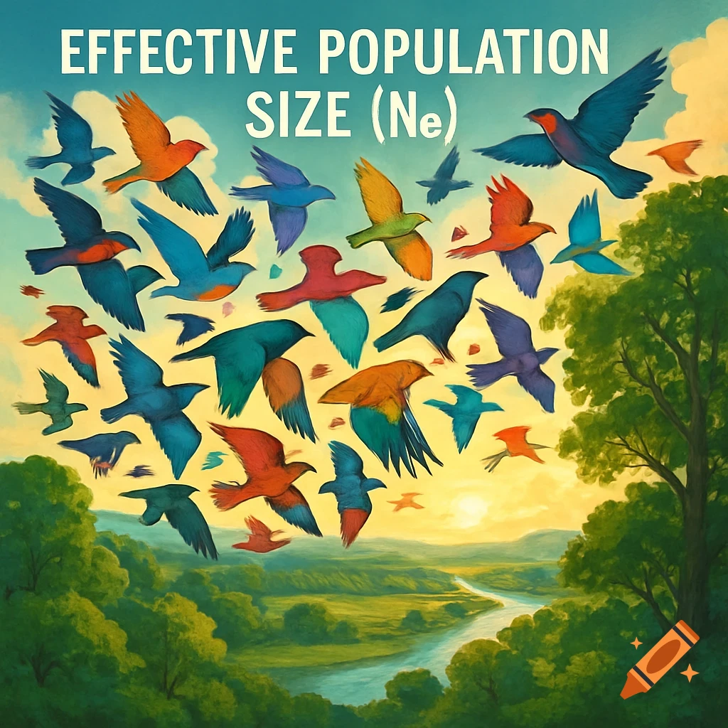 A colorful flock of birds flies above a lush green landscape with a river and sun. Text reads 'EFFECTIVE POPULATION SIZE (Ne)'.