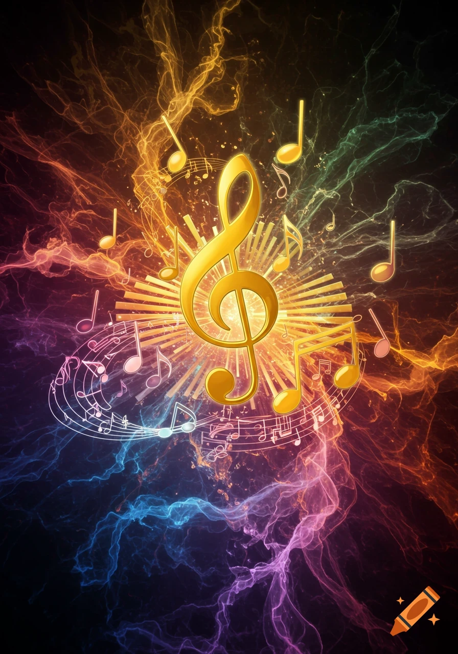 A golden treble clef and various musical notes float amidst a vibrant, swirling cosmic background of colorful light and energy.