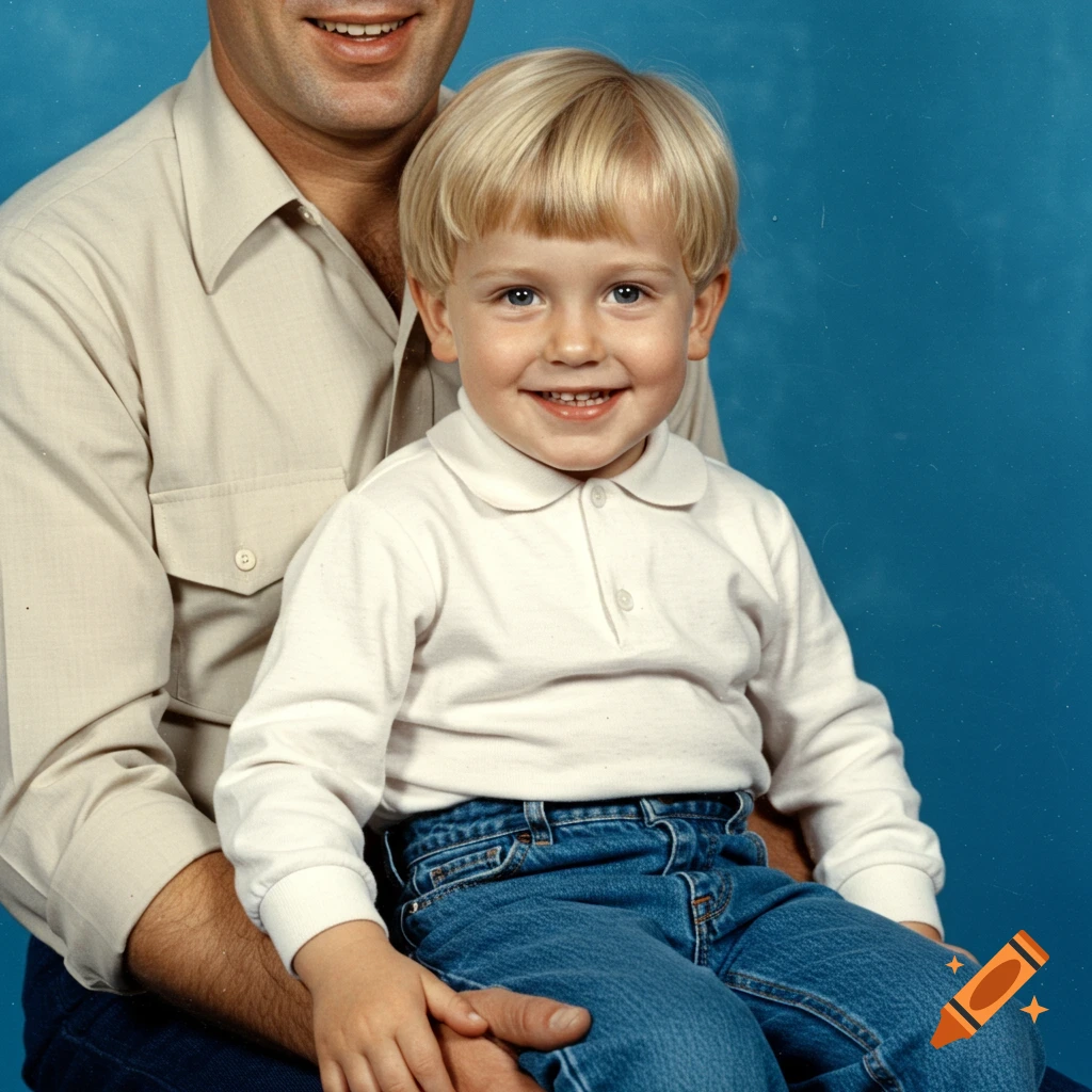 A 1960s-style portrait of a smiling blonde boy with a bowlcut sitting on his dad's lap against a blue background.