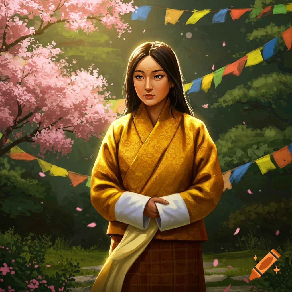 A woman in traditional yellow and orange Bhutanese clothing stands in a lush garden with pink cherry blossoms and colorful prayer flags.