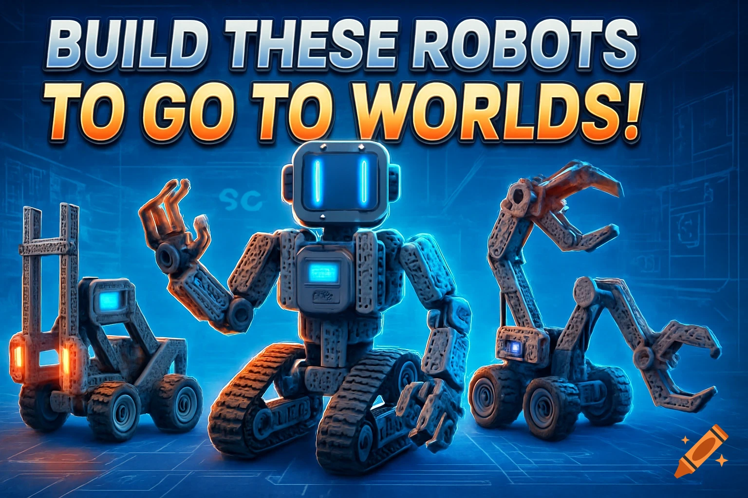 Three stylized robots, including a bipedal robot, on a blue blueprint background with the text 'BUILD THESE ROBOTS TO GO TO WORLDS!'