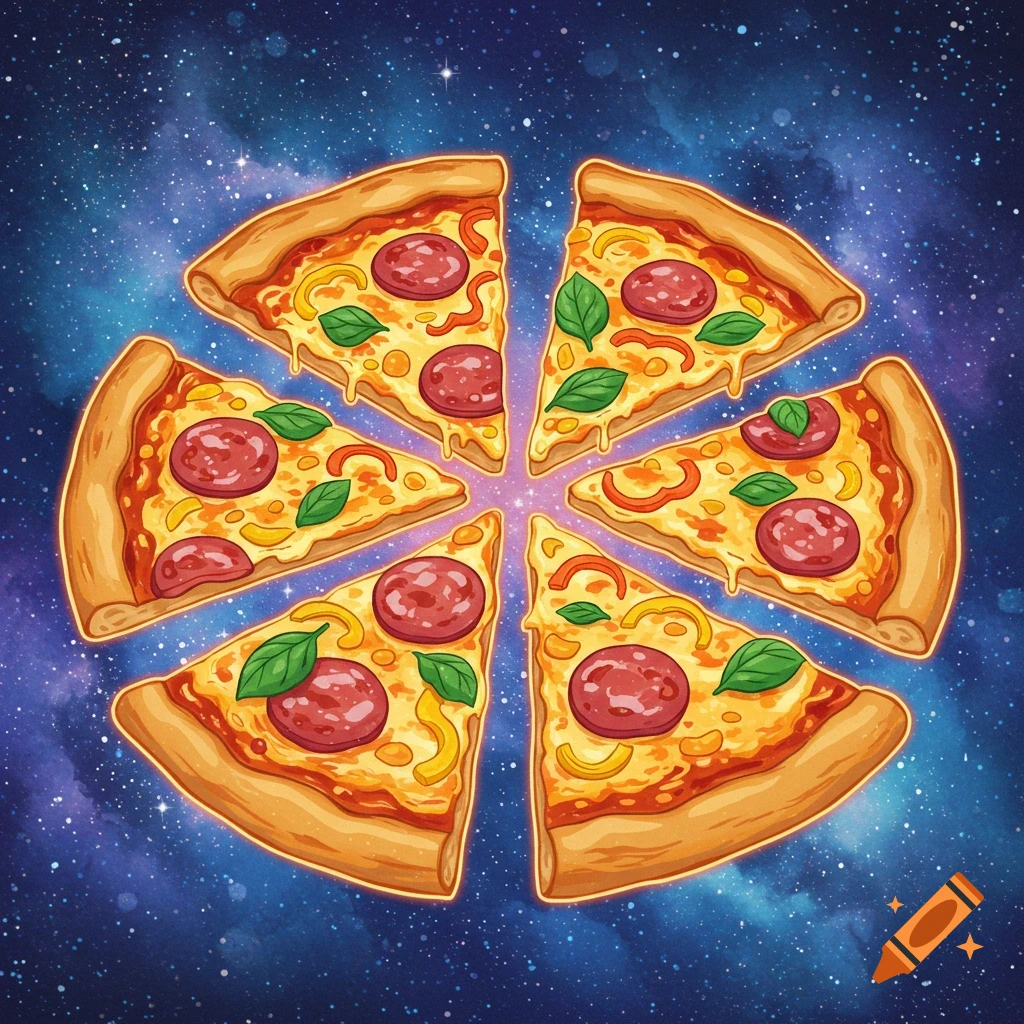 Six cartoon pizza slices with pepperoni, bell peppers, and basil arranged in a circle against a starry galaxy background.