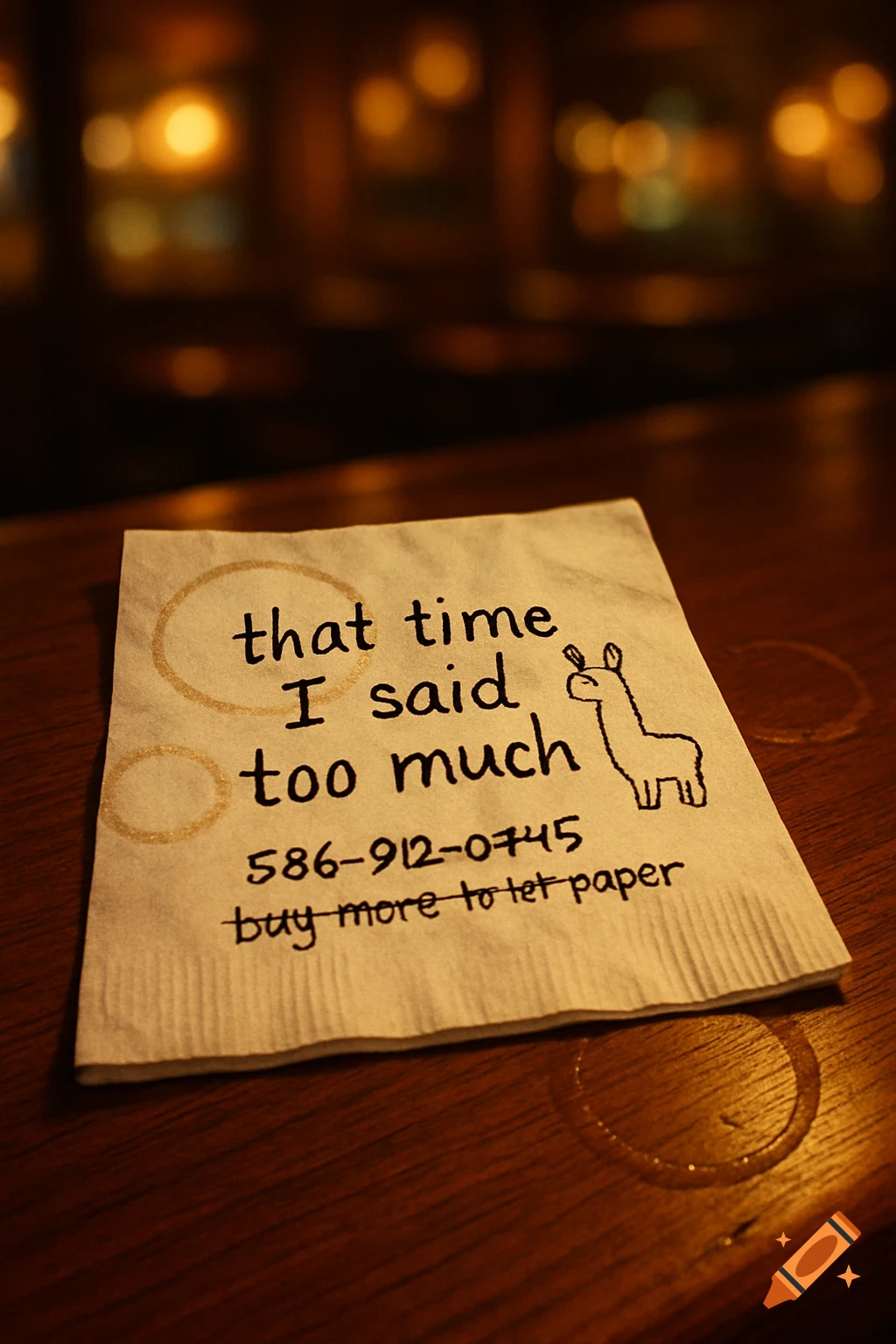 A white bar napkin with handwritten text "that time I said too much" and a llama doodle, lying on a dark wooden bar counter with blurry warm lights in the background.