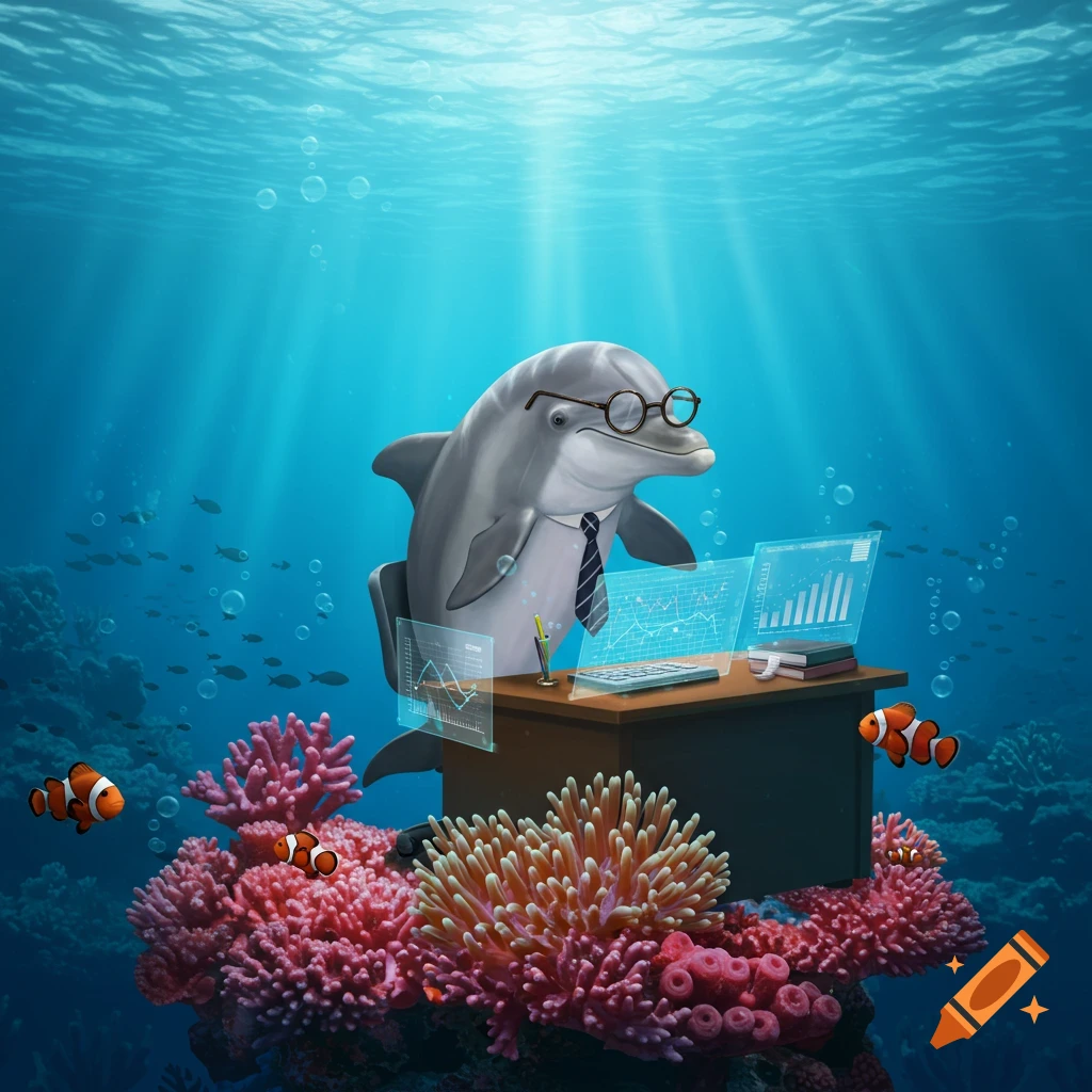 A dolphin wearing glasses and a tie sits at a desk with holographic screens showing data, underwater among colorful coral and clownfish.