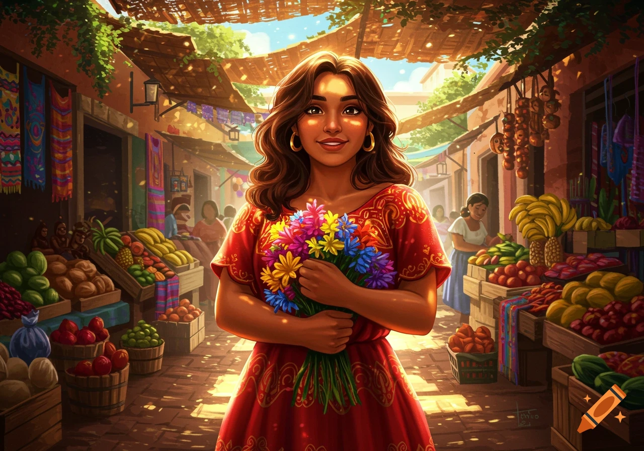 A vibrant illustration of a smiling Latina woman holding a bouquet of colorful flowers in a bustling outdoor market with fruit stalls.