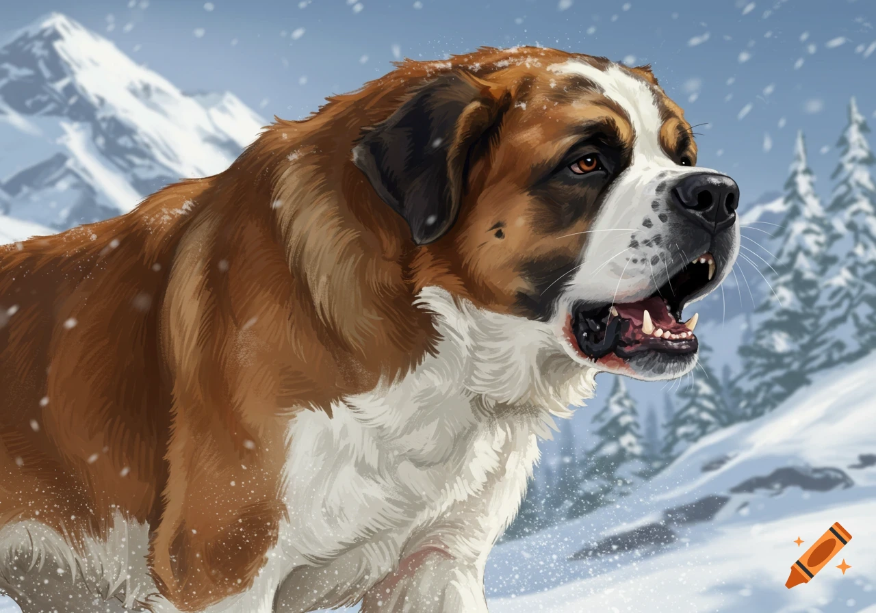 A large brown and white St Bernard dog barks in a snowy mountain landscape.