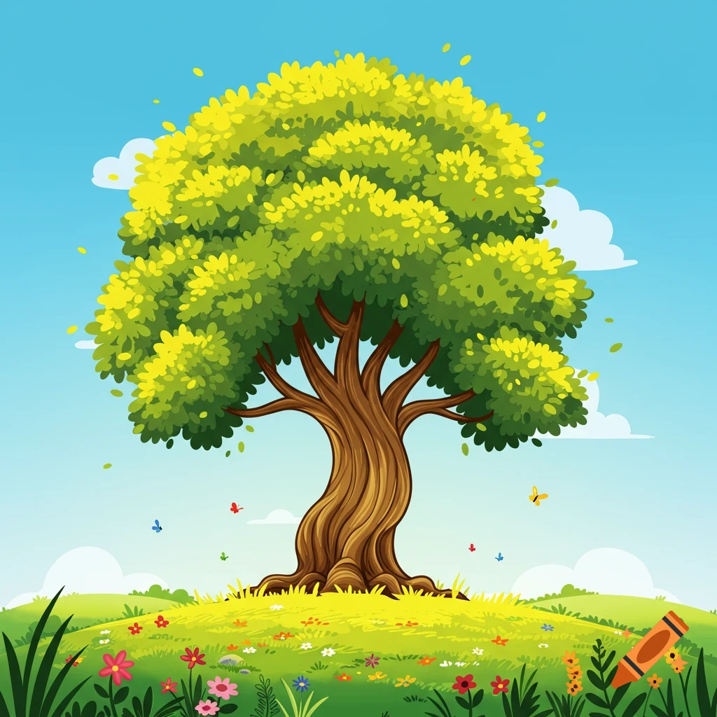 A vibrant cartoon large tree on a green hill with colorful flowers and butterflies under a blue sky.