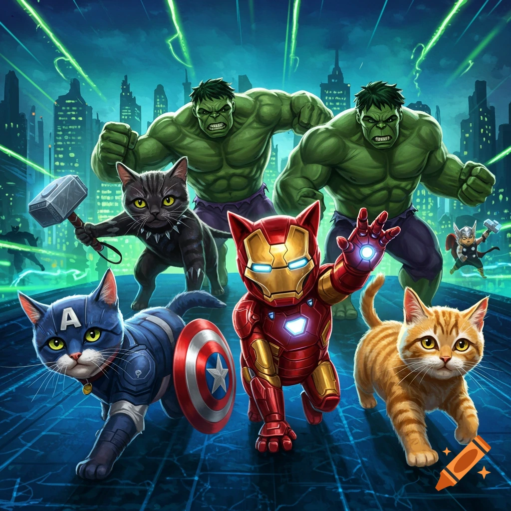 Illustrated cats dressed as Avengers superheroes: Iron Man, Captain America, Black Panther, and a ginger cat, with Hulks and Thor.