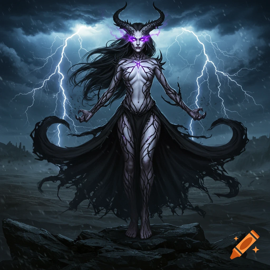 A dark fantasy sorceress with horns, glowing purple eyes, and black veins on her body, standing on rocks under a stormy sky with lightning.
