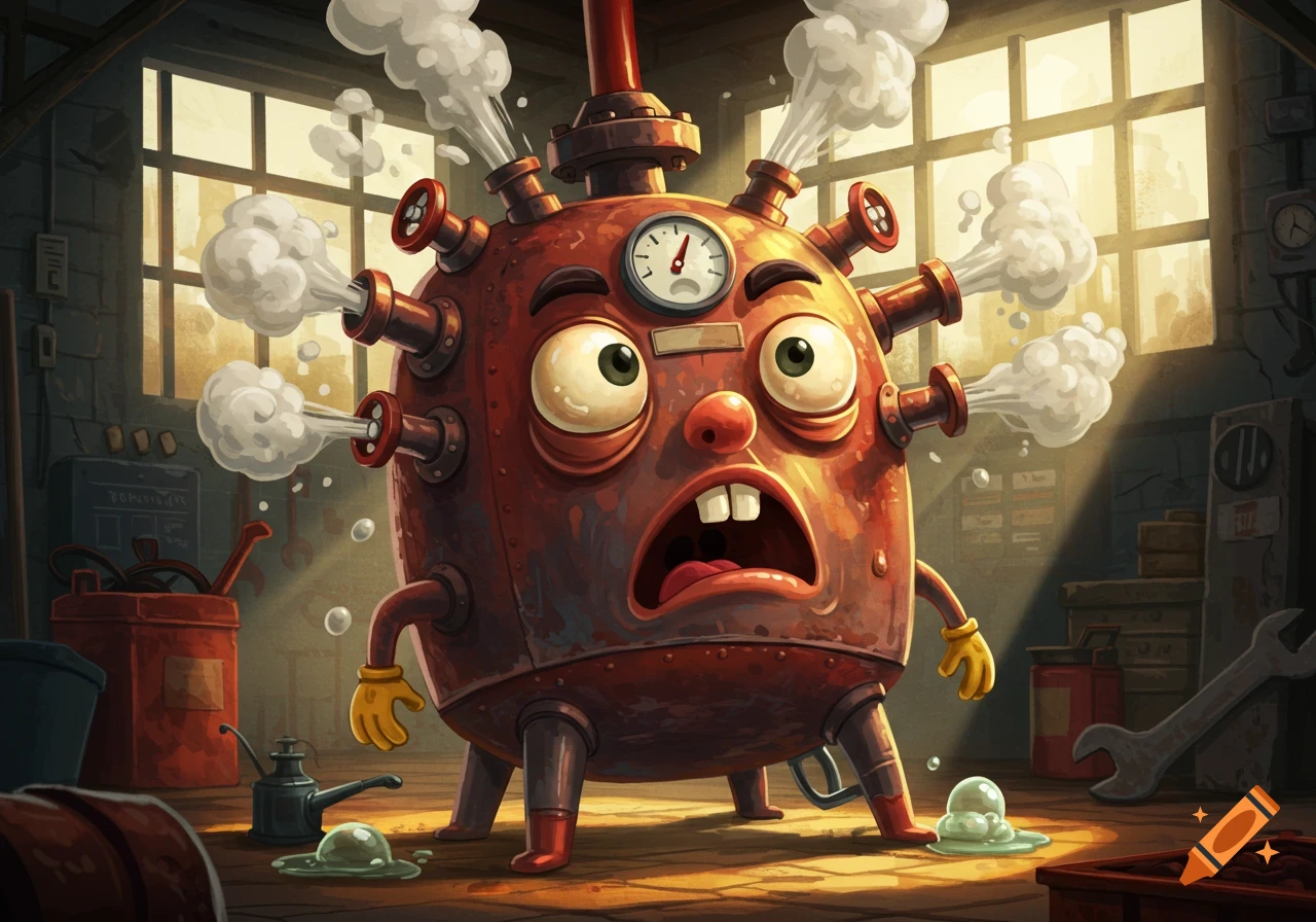 A distressed, anthropomorphic red pressure tank cartoon character steaming in a workshop.