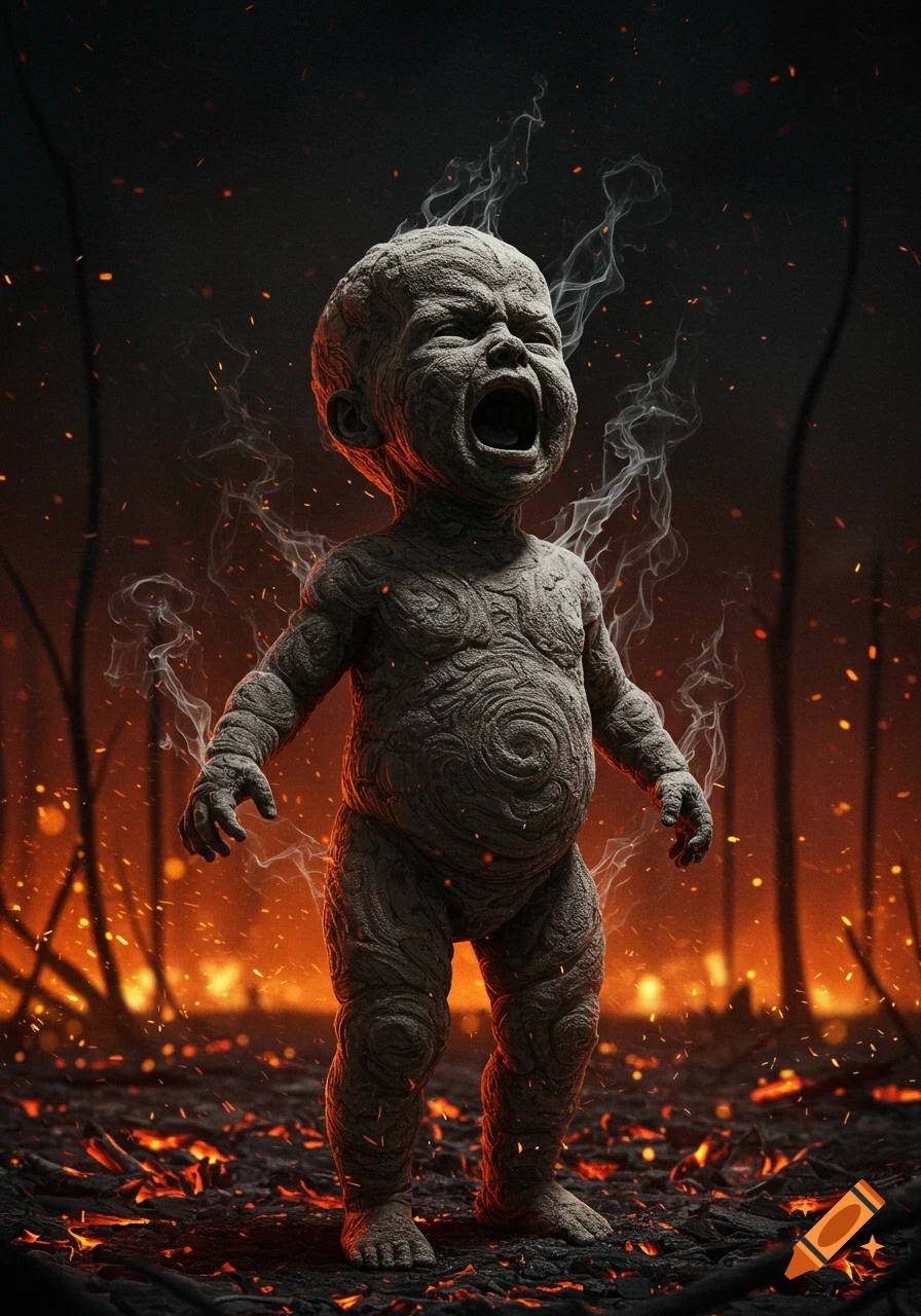 A screaming, grey, textured baby made of ash stands amidst glowing embers and smoke in a fiery, dark, apocalyptic landscape.