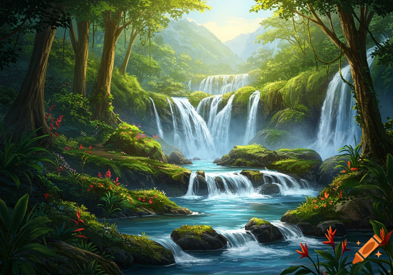 Multiple cascading waterfalls in a lush green jungle with a clear river flowing through rocks, sunlight filtering through trees and distant mountains.