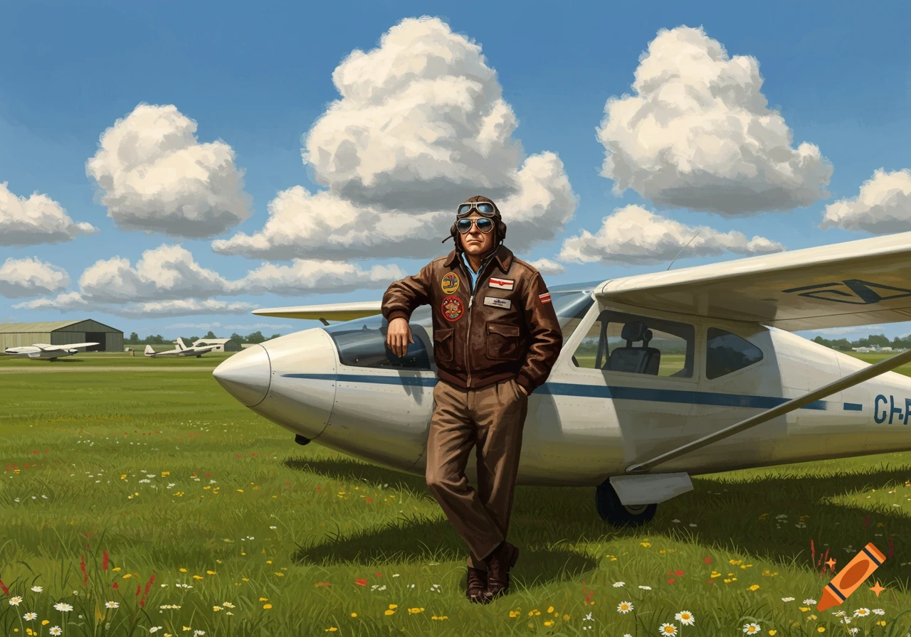 A man in a brown leather pilot's jacket and aviator goggles leans on a white small propeller plane in a grassy field with white clouds in a blue sky.
