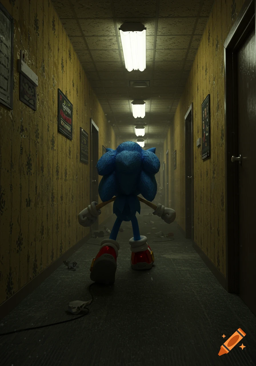 Sonic the Hedgehog stands with his back to the viewer in a long, dimly lit, dirty hallway with peeling wallpaper and fluorescent lights.