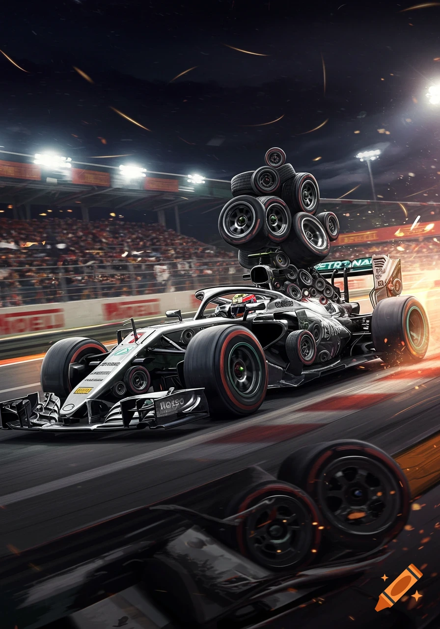 A silver Formula 1 race car with an impossibly large number of wheels stacked on top and integrated into its body, speeding on a track at night with a stadium crowd in the background.
