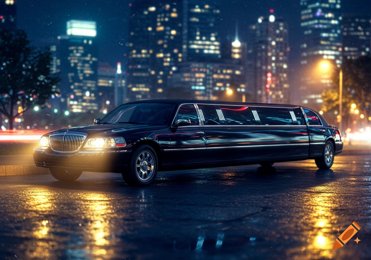A black limousine parked on a wet city street at night, with blurred city lights and reflections in the background. Photorealistic style.