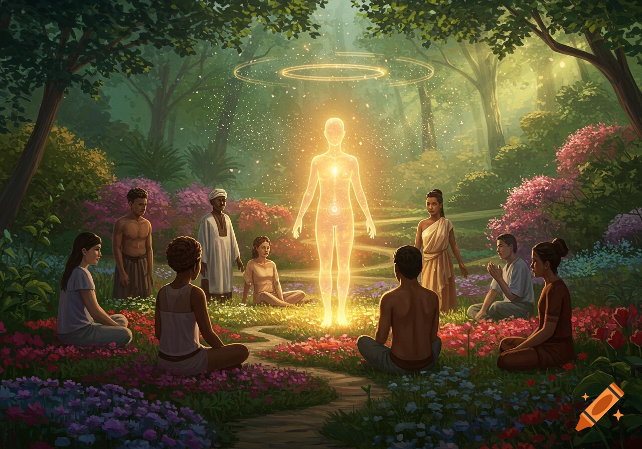 A group of people in a lush, flowery forest meditate around a glowing, ethereal human figure, bathed in golden light.